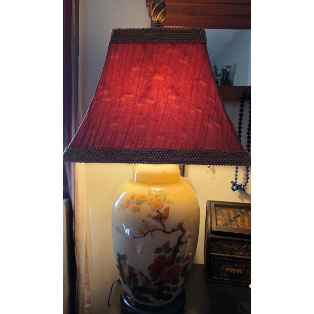 Vtg Asian Hand painted Glass Birds & Flowers Ginger Jar Table Lamp 30" - Picture 5 of 8
